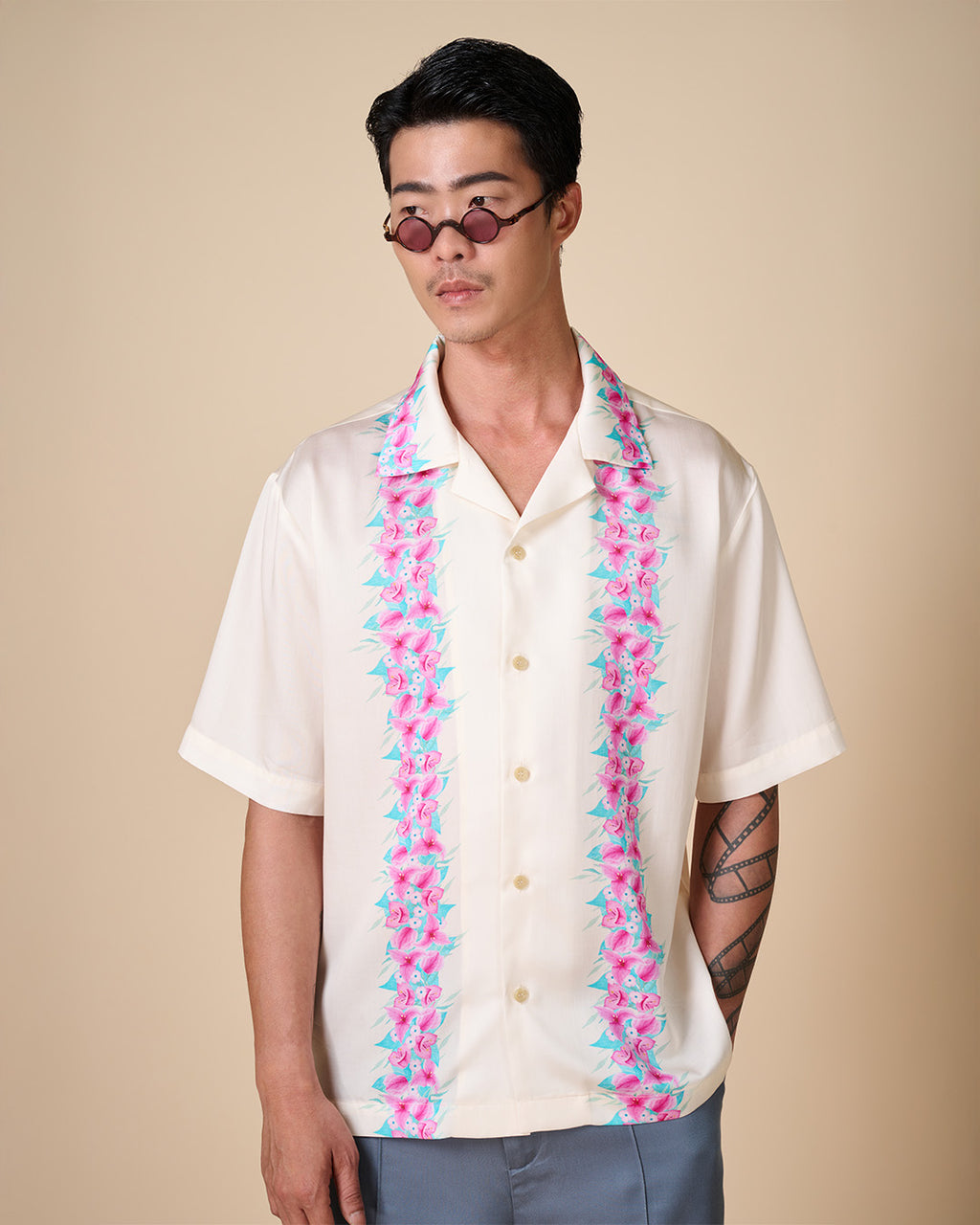 เสื้อฮาวายลายดอกมาลัยสีชมพู